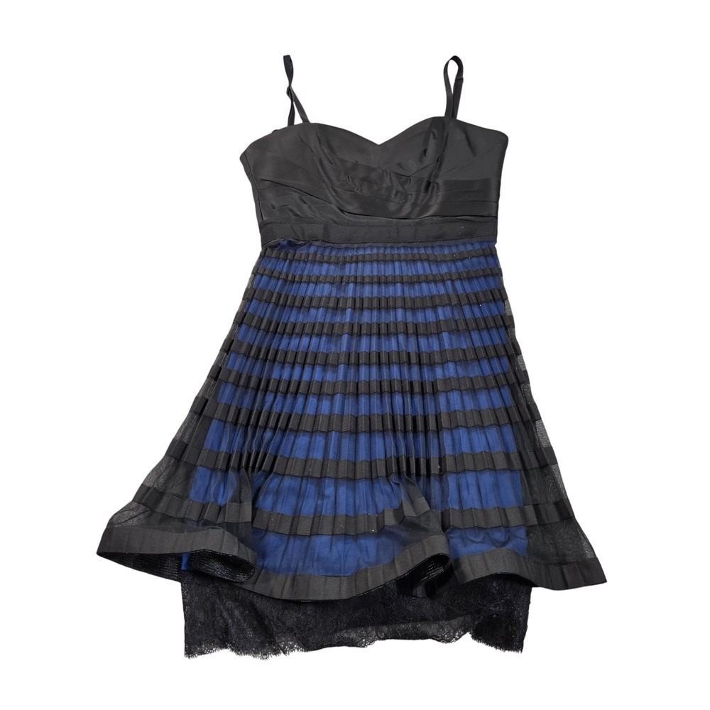 BCBGMAXAZRIA Neena Dress Womens 2 Blue Black Pleated Lace Hem Cocktail ORE6O580